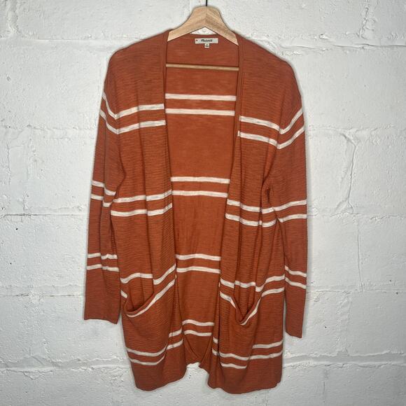 Madewell Women's Cotton Orange Stripe Summer Ryder Cardigan Sweater Size Medium - Picture 1 of 7